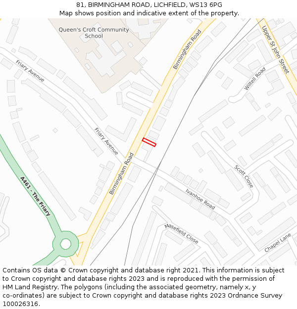 81, BIRMINGHAM ROAD, LICHFIELD, WS13 6PG: Location map and indicative extent of plot
