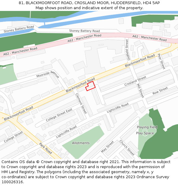 81, BLACKMOORFOOT ROAD, CROSLAND MOOR, HUDDERSFIELD, HD4 5AP: Location map and indicative extent of plot