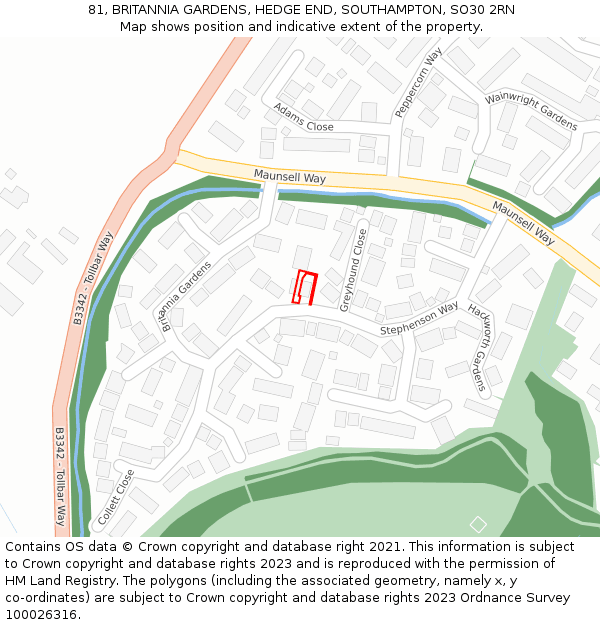 81, BRITANNIA GARDENS, HEDGE END, SOUTHAMPTON, SO30 2RN: Location map and indicative extent of plot