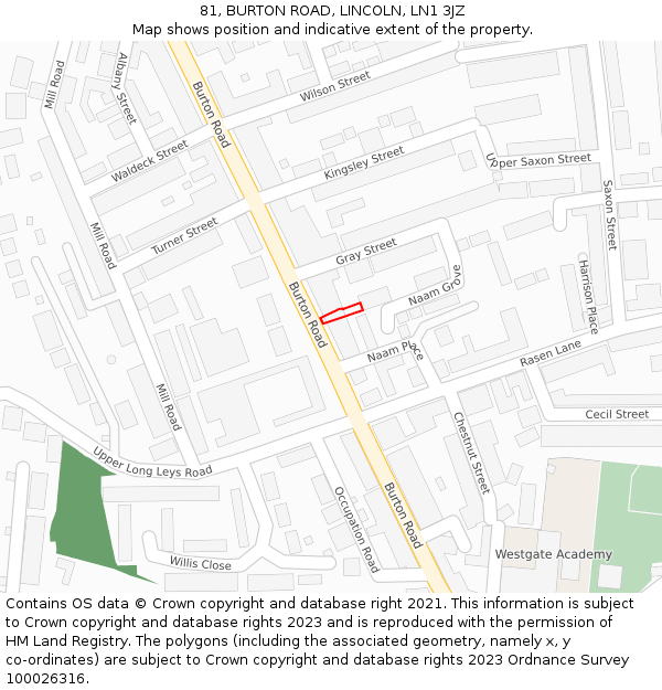 81, BURTON ROAD, LINCOLN, LN1 3JZ: Location map and indicative extent of plot