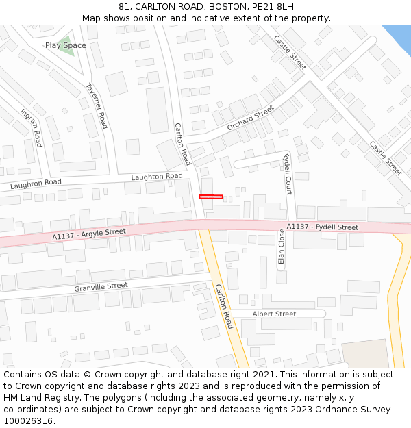 81, CARLTON ROAD, BOSTON, PE21 8LH: Location map and indicative extent of plot