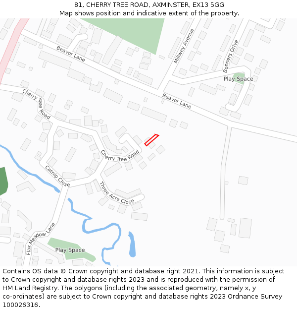 81, CHERRY TREE ROAD, AXMINSTER, EX13 5GG: Location map and indicative extent of plot