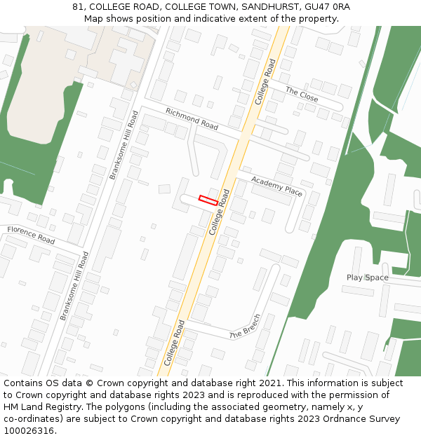 81, COLLEGE ROAD, COLLEGE TOWN, SANDHURST, GU47 0RA: Location map and indicative extent of plot