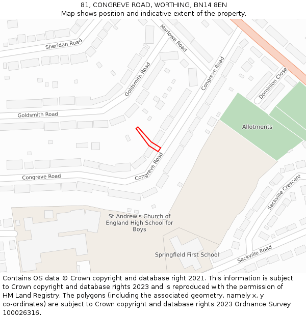 81, CONGREVE ROAD, WORTHING, BN14 8EN: Location map and indicative extent of plot