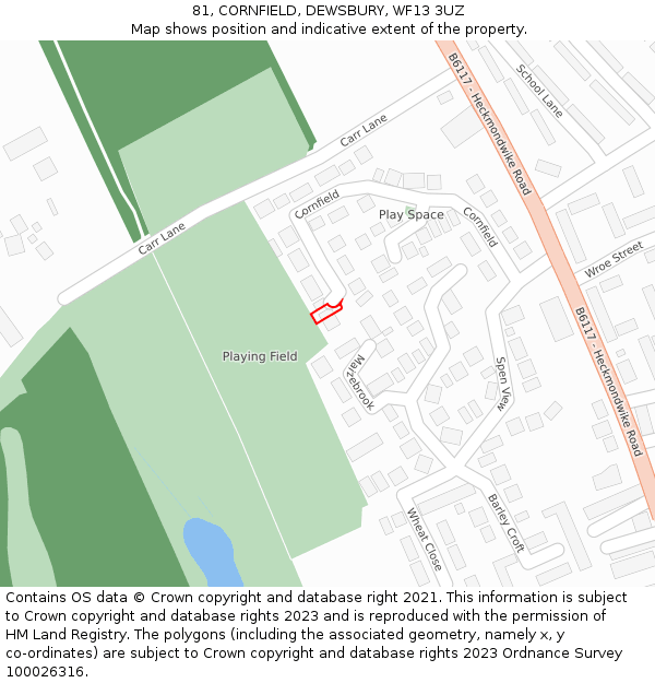 81, CORNFIELD, DEWSBURY, WF13 3UZ: Location map and indicative extent of plot