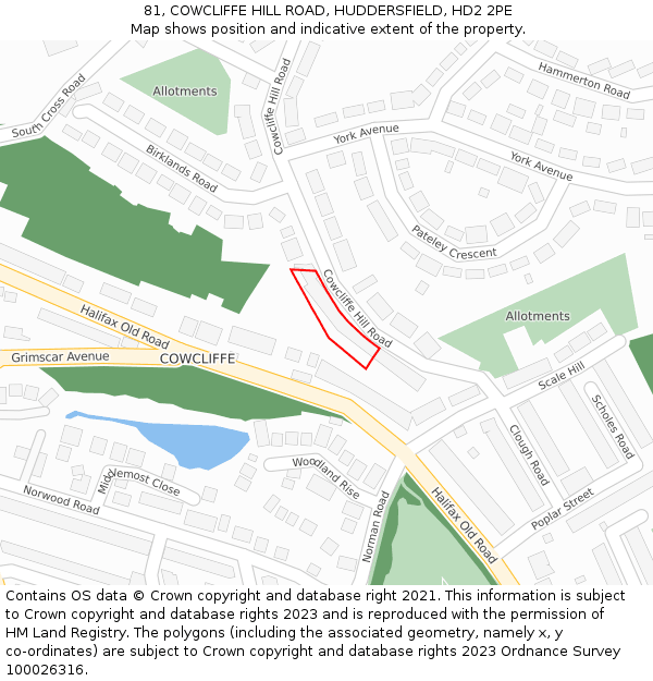 81, COWCLIFFE HILL ROAD, HUDDERSFIELD, HD2 2PE: Location map and indicative extent of plot