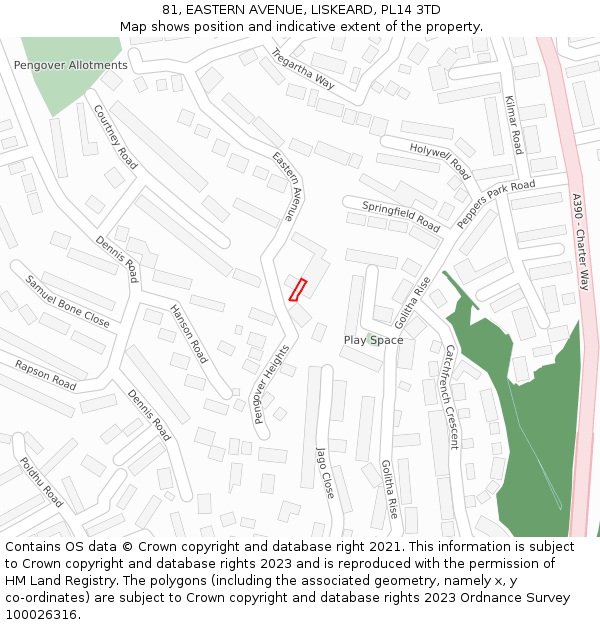 81, EASTERN AVENUE, LISKEARD, PL14 3TD: Location map and indicative extent of plot
