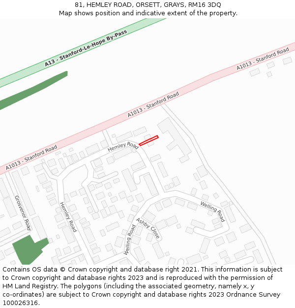 81, HEMLEY ROAD, ORSETT, GRAYS, RM16 3DQ: Location map and indicative extent of plot