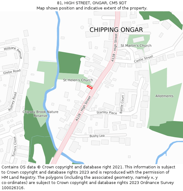 81, HIGH STREET, ONGAR, CM5 9DT: Location map and indicative extent of plot