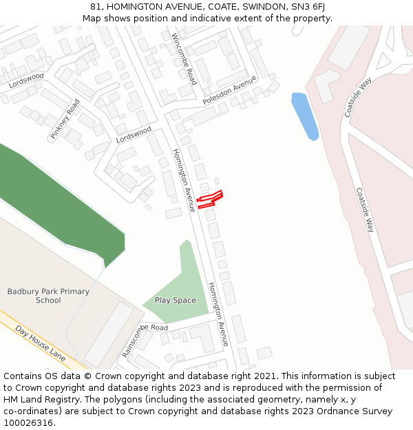 81, HOMINGTON AVENUE, COATE, SWINDON, SN3 6FJ: Location map and indicative extent of plot