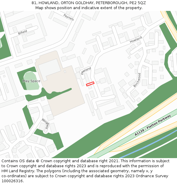 81, HOWLAND, ORTON GOLDHAY, PETERBOROUGH, PE2 5QZ: Location map and indicative extent of plot