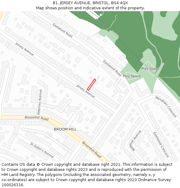 81, JERSEY AVENUE, BRISTOL, BS4 4QX: Location map and indicative extent of plot