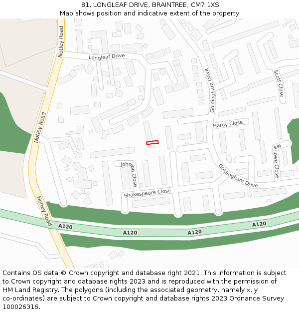 81, LONGLEAF DRIVE, BRAINTREE, CM7 1XS: Location map and indicative extent of plot