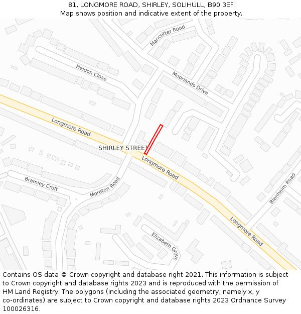 81, LONGMORE ROAD, SHIRLEY, SOLIHULL, B90 3EF: Location map and indicative extent of plot