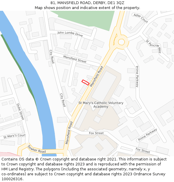81, MANSFIELD ROAD, DERBY, DE1 3QZ: Location map and indicative extent of plot