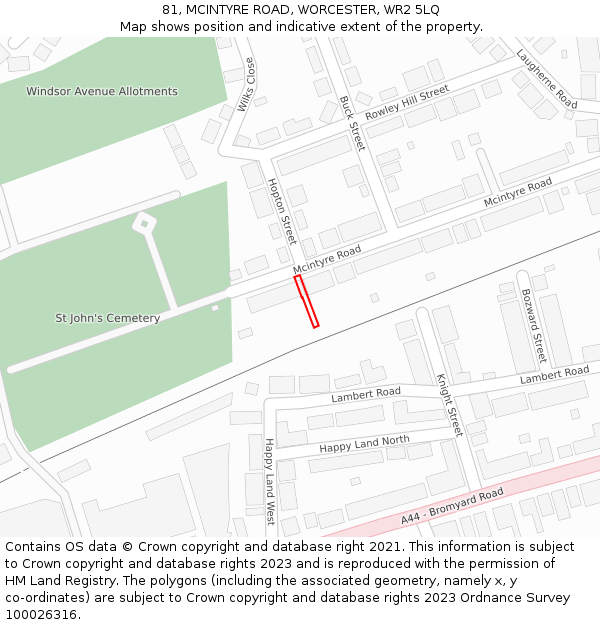 81, MCINTYRE ROAD, WORCESTER, WR2 5LQ: Location map and indicative extent of plot