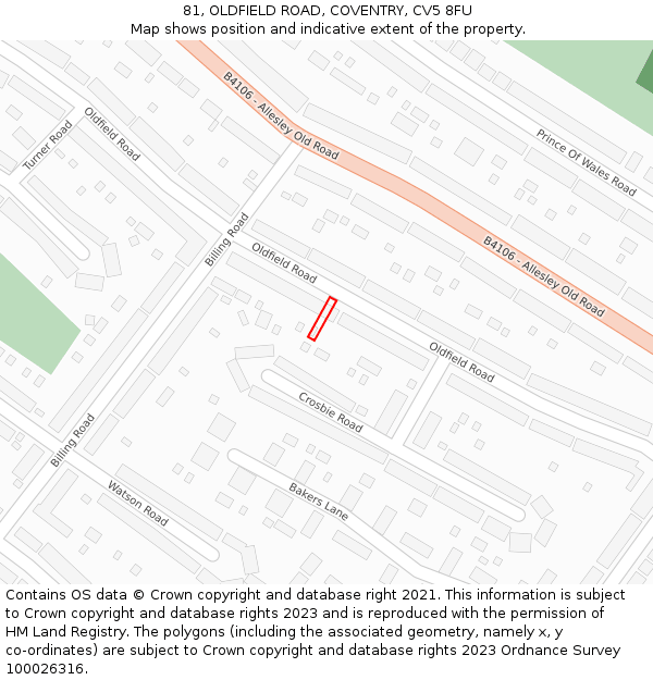 81, OLDFIELD ROAD, COVENTRY, CV5 8FU: Location map and indicative extent of plot