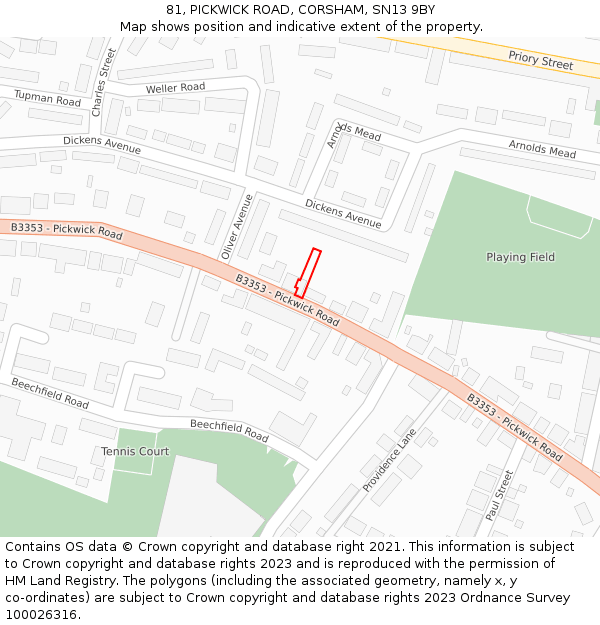 81, PICKWICK ROAD, CORSHAM, SN13 9BY: Location map and indicative extent of plot