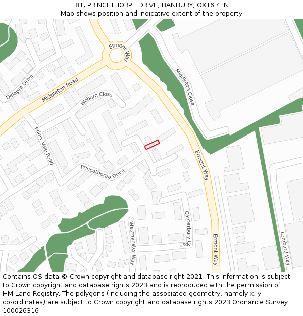 81, PRINCETHORPE DRIVE, BANBURY, OX16 4FN: Location map and indicative extent of plot
