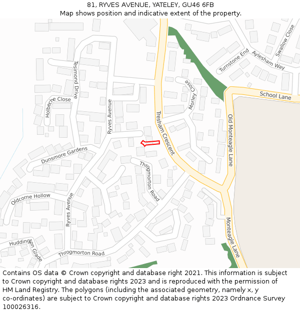 81, RYVES AVENUE, YATELEY, GU46 6FB: Location map and indicative extent of plot