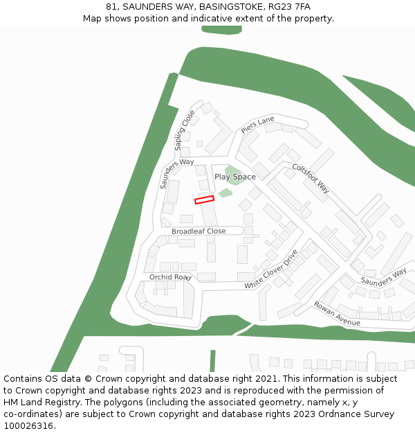 81, SAUNDERS WAY, BASINGSTOKE, RG23 7FA: Location map and indicative extent of plot
