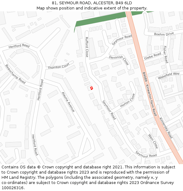81, SEYMOUR ROAD, ALCESTER, B49 6LD: Location map and indicative extent of plot