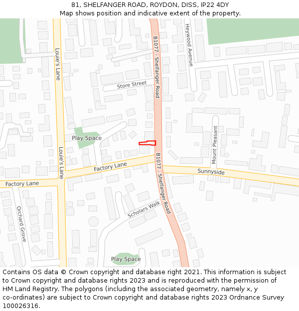 81, SHELFANGER ROAD, ROYDON, DISS, IP22 4DY: Location map and indicative extent of plot