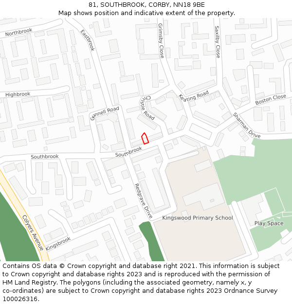 81, SOUTHBROOK, CORBY, NN18 9BE: Location map and indicative extent of plot