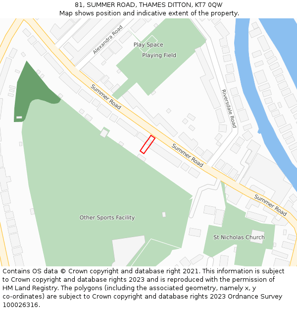 81, SUMMER ROAD, THAMES DITTON, KT7 0QW: Location map and indicative extent of plot