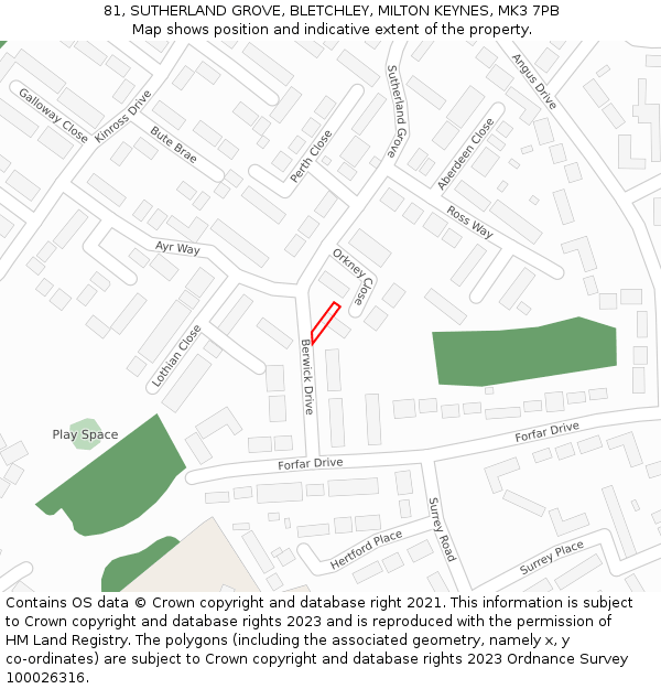 81, SUTHERLAND GROVE, BLETCHLEY, MILTON KEYNES, MK3 7PB: Location map and indicative extent of plot