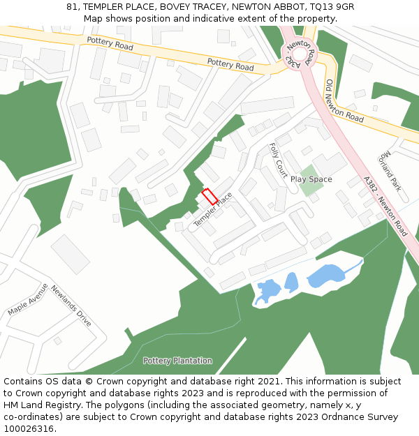 81, TEMPLER PLACE, BOVEY TRACEY, NEWTON ABBOT, TQ13 9GR: Location map and indicative extent of plot