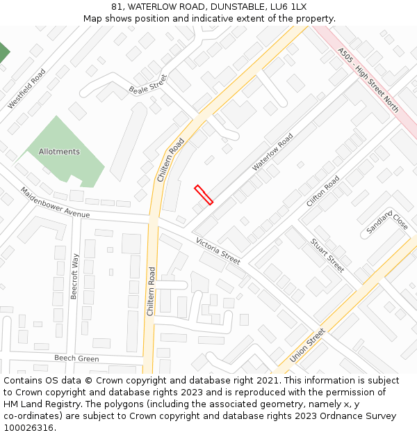 81, WATERLOW ROAD, DUNSTABLE, LU6 1LX: Location map and indicative extent of plot