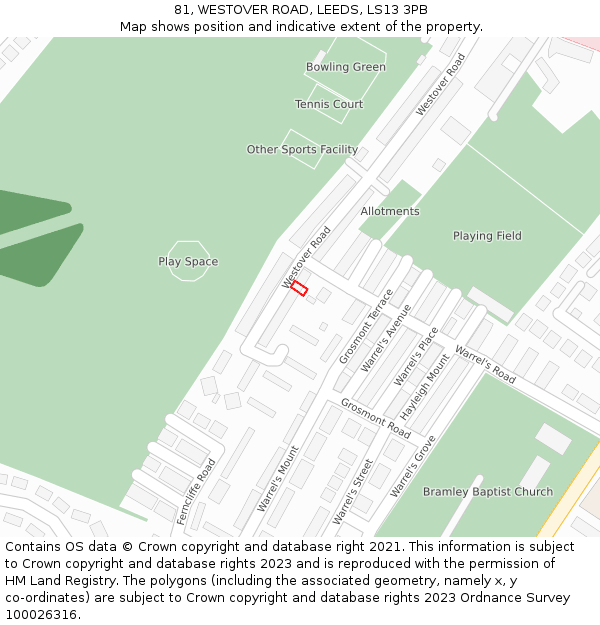 81, WESTOVER ROAD, LEEDS, LS13 3PB: Location map and indicative extent of plot