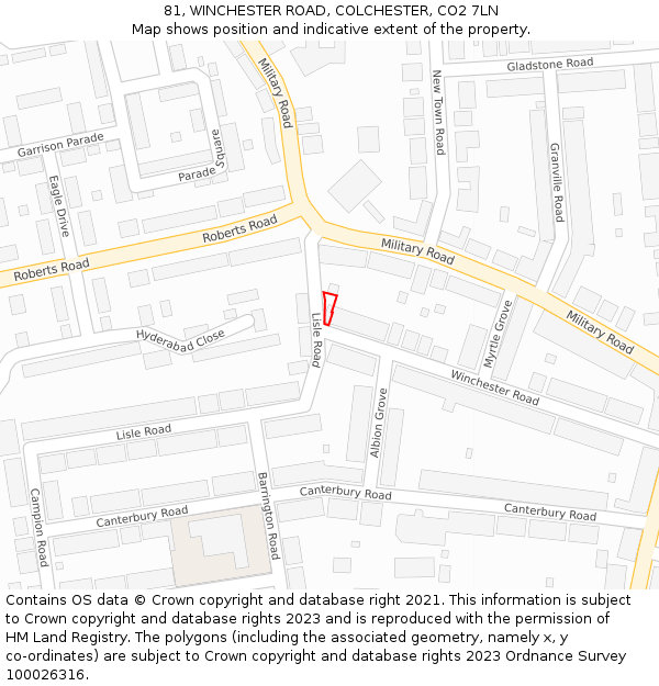 81, WINCHESTER ROAD, COLCHESTER, CO2 7LN: Location map and indicative extent of plot