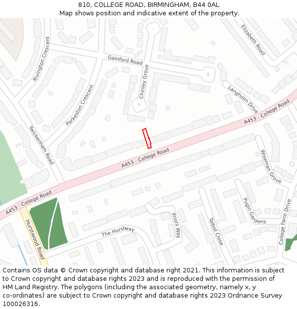 810, COLLEGE ROAD, BIRMINGHAM, B44 0AL: Location map and indicative extent of plot