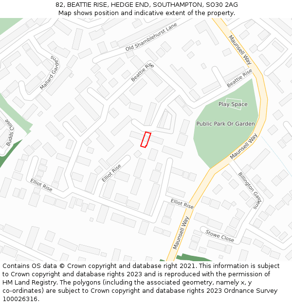 82, BEATTIE RISE, HEDGE END, SOUTHAMPTON, SO30 2AG: Location map and indicative extent of plot