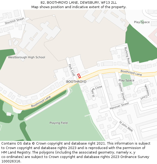 82, BOOTHROYD LANE, DEWSBURY, WF13 2LL: Location map and indicative extent of plot