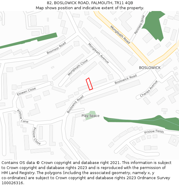 82, BOSLOWICK ROAD, FALMOUTH, TR11 4QB: Location map and indicative extent of plot