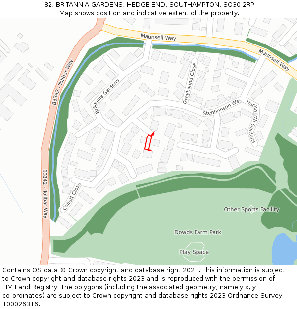 82, BRITANNIA GARDENS, HEDGE END, SOUTHAMPTON, SO30 2RP: Location map and indicative extent of plot
