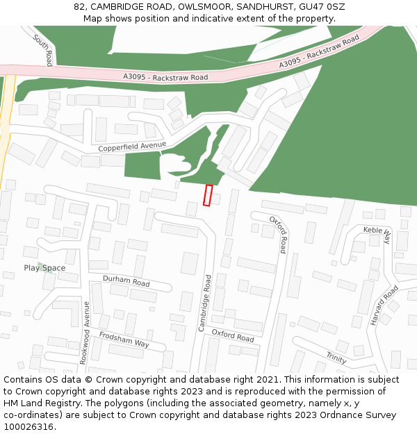 82, CAMBRIDGE ROAD, OWLSMOOR, SANDHURST, GU47 0SZ: Location map and indicative extent of plot
