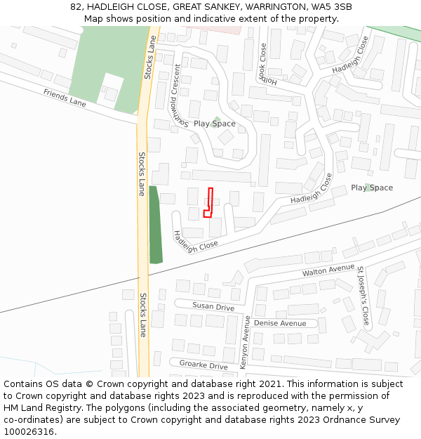 82, HADLEIGH CLOSE, GREAT SANKEY, WARRINGTON, WA5 3SB: Location map and indicative extent of plot