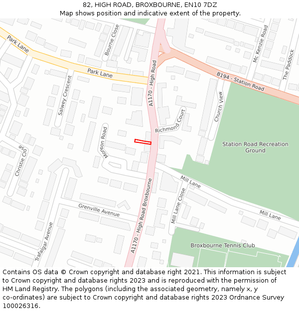 82, HIGH ROAD, BROXBOURNE, EN10 7DZ: Location map and indicative extent of plot