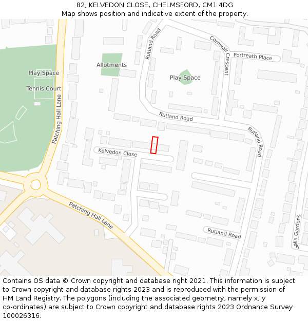 82, KELVEDON CLOSE, CHELMSFORD, CM1 4DG: Location map and indicative extent of plot
