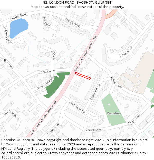 82, LONDON ROAD, BAGSHOT, GU19 5BT: Location map and indicative extent of plot
