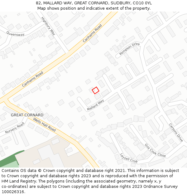 82, MALLARD WAY, GREAT CORNARD, SUDBURY, CO10 0YL: Location map and indicative extent of plot