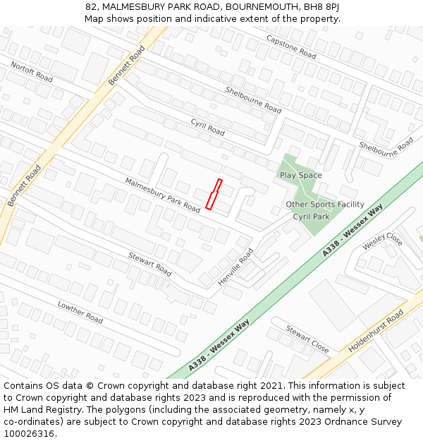 82, MALMESBURY PARK ROAD, BOURNEMOUTH, BH8 8PJ: Location map and indicative extent of plot