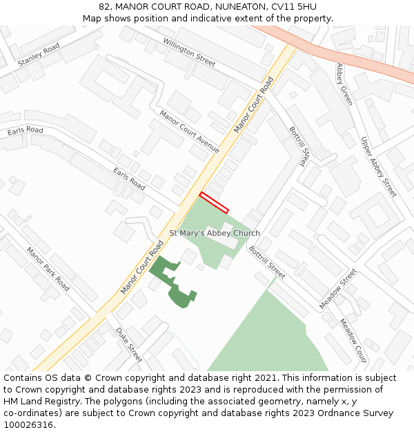 82, MANOR COURT ROAD, NUNEATON, CV11 5HU: Location map and indicative extent of plot