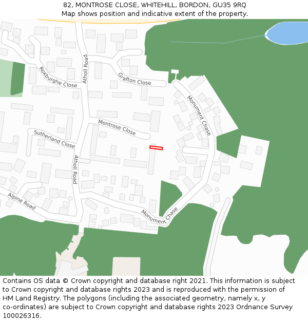 82, MONTROSE CLOSE, WHITEHILL, BORDON, GU35 9RQ: Location map and indicative extent of plot