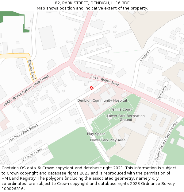 82, PARK STREET, DENBIGH, LL16 3DE: Location map and indicative extent of plot