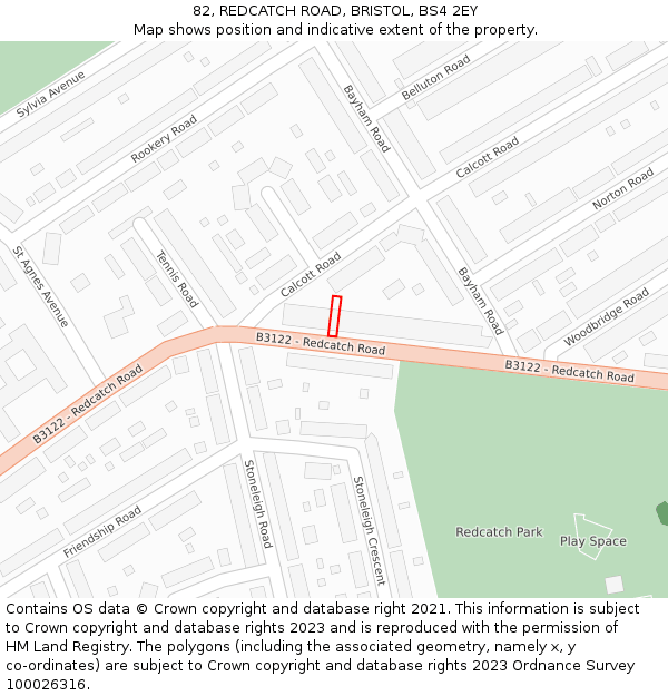 82, REDCATCH ROAD, BRISTOL, BS4 2EY: Location map and indicative extent of plot